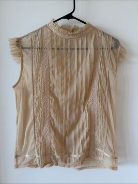 Vintage Y2K Tramp Sheer Cream Lace Pintuck Blouse - Size L